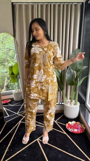 Ikkath Printed Short-top Co ords – Mustard Yellow