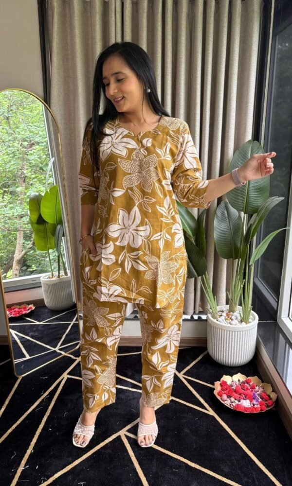 Ikkath Printed Short-top Co ords – Mustard Yellow