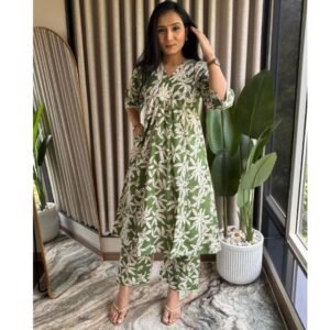A-line Big floral printed Co ords – Dark Green