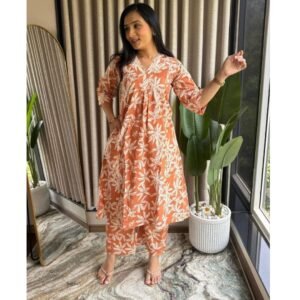 A-line Big floral printed Co ords – Orange